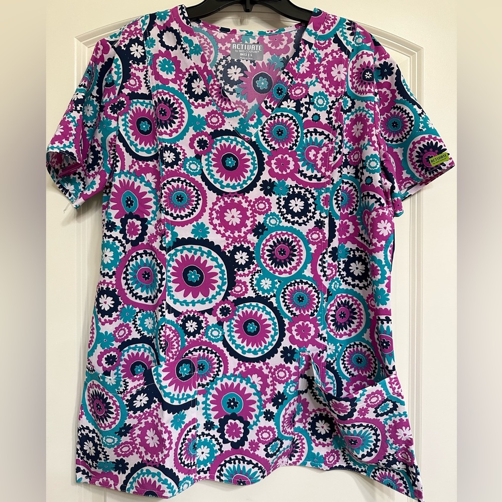 Navy, teal, pink scrub top!